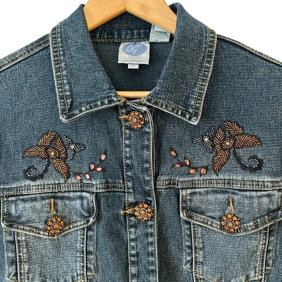 Diane Gilman Women’s Denim Funky Boho Jacket‎ Rhinestone Buttons Beaded Fringe - Picture 3 of 7